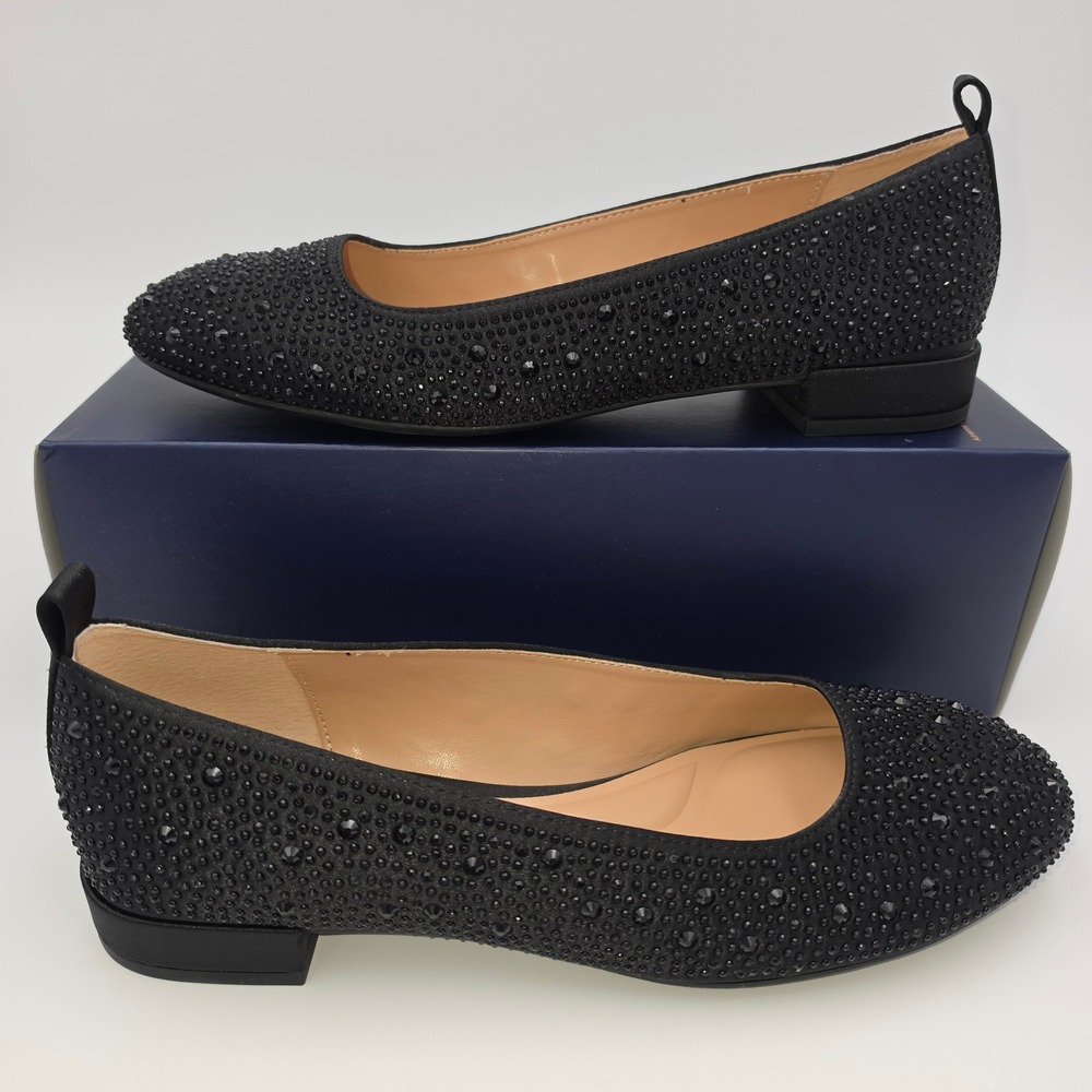 Adrienne Vittadini Carnival Black Satin Rhinestone Flats Shoes 9M 3W25F023 NWB
